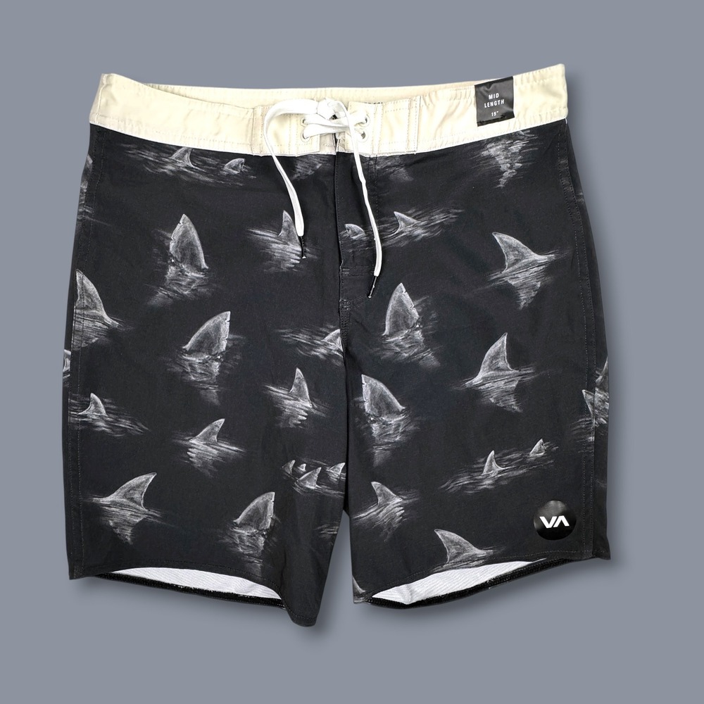 RVCA Industry Mens Shark Fin Print Board Shorts Black Mid Length 32 MG114VAT